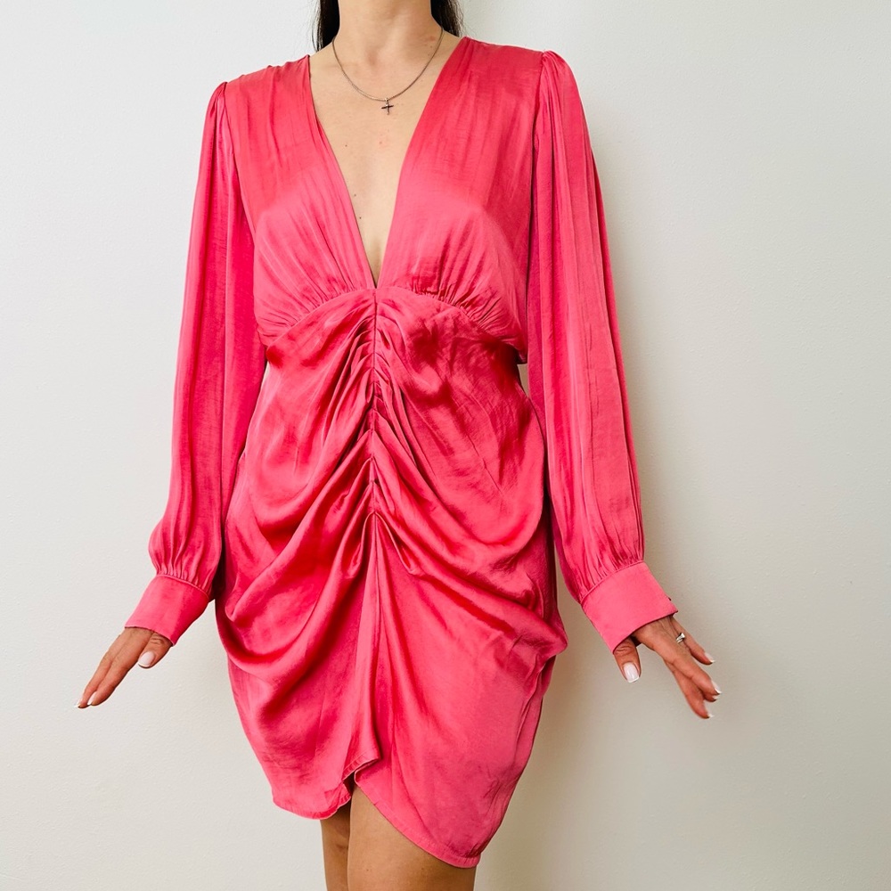 New Pookie & Sebastian dress satin mini long sleeve drape